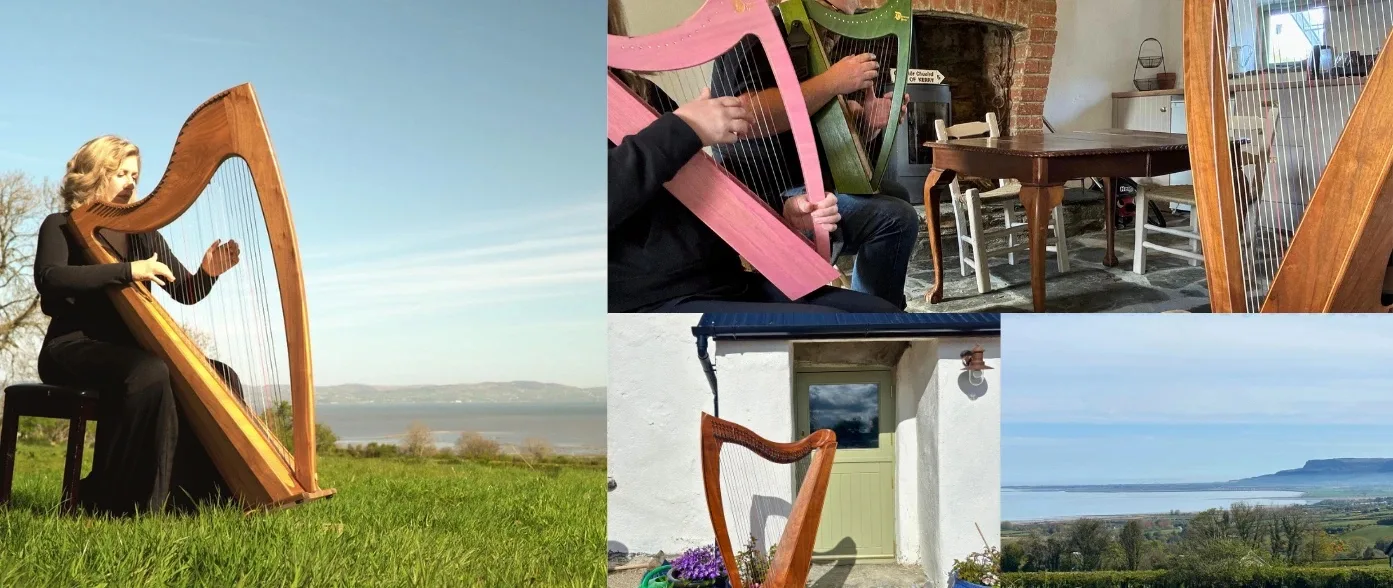 Lucia McGinnis playing the harp by Lough Foyle, harp lessons at the cottage, and the view over the lough